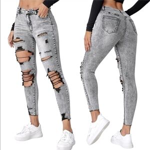 🟨⚫️ Cut Out Ripped Black Distressed Raw Hem Grey Denim Skinny Jeans Large 8/10